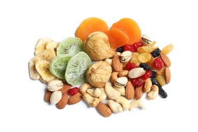 Photo of Different dried fruits and nuts on white background, top view