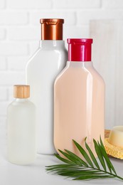 Photo of Different bottles of shampoo and green leaf on white table