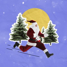 Image of Christmas art collage with Santa Claus running among fir trees on color background