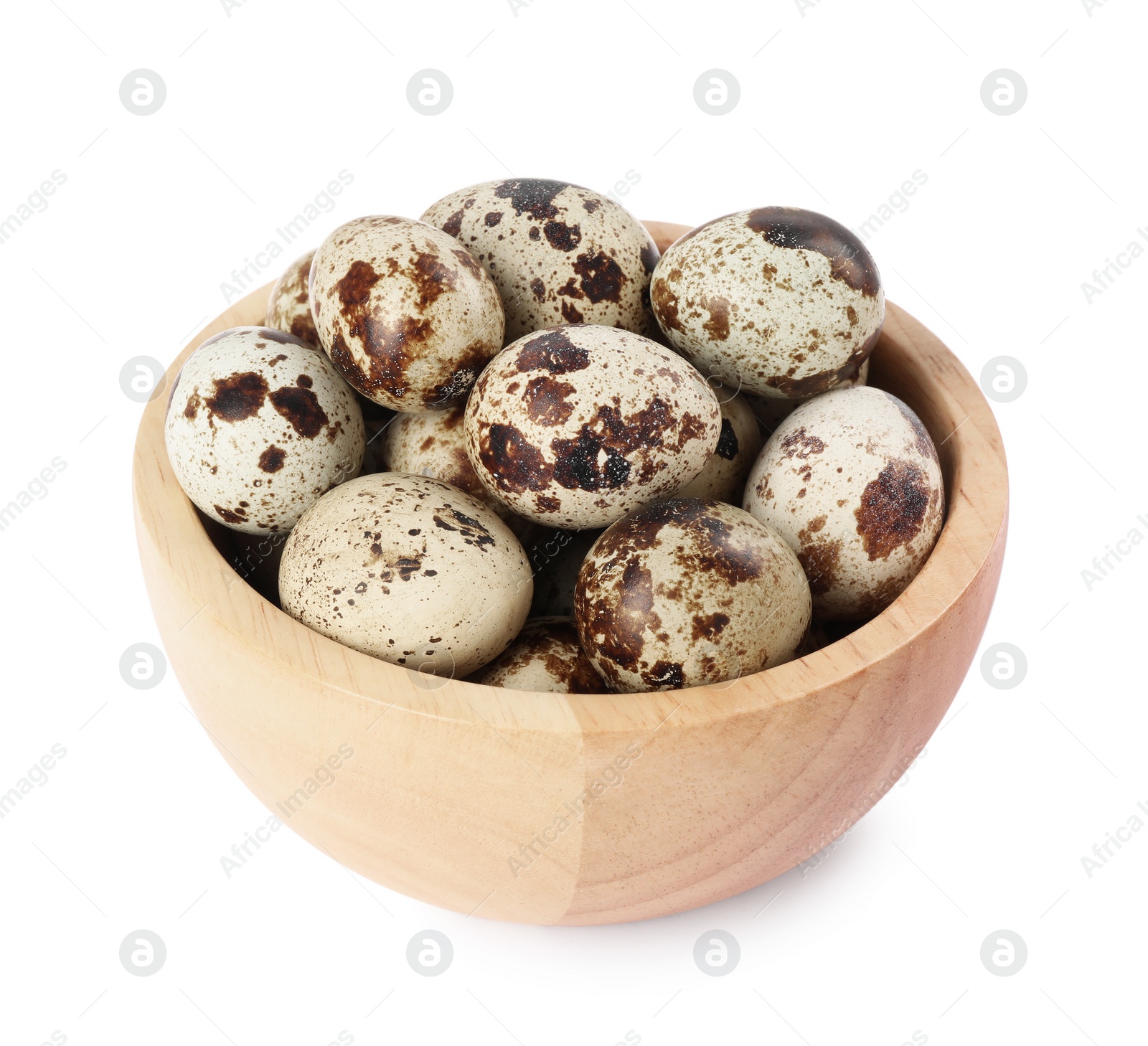 Photo of Wooden bowl with quail eggs isolated on white