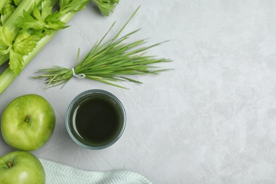 Flat lay composition with spirulina drink on grey background. Space for text