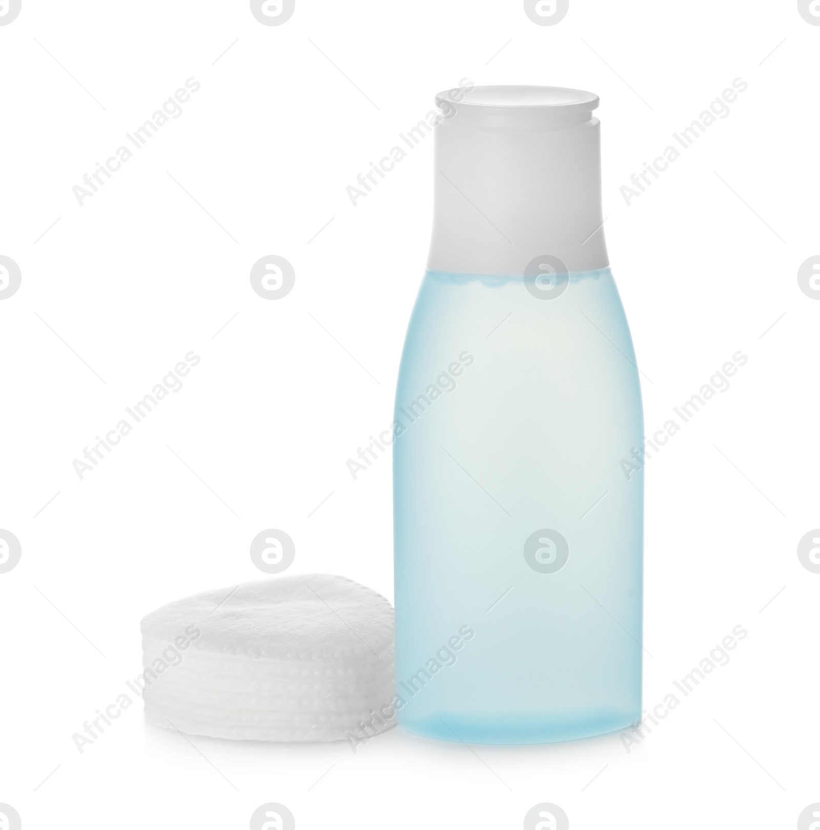 Photo of Cosmetic product and cotton pads for makeup removal on white background