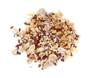 Photo of Pile of granola on white background, top view. Healthy snack