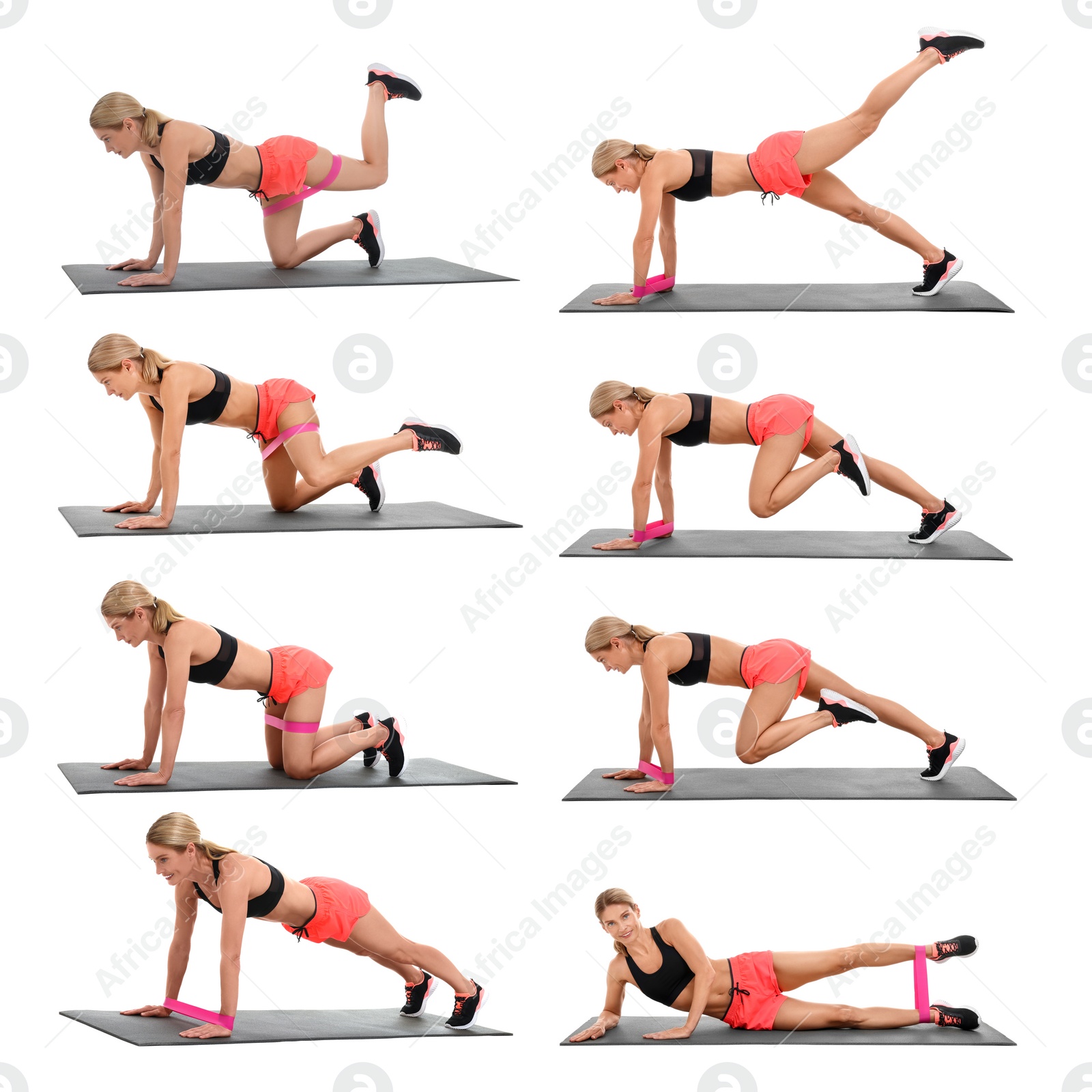 Image of Athletic woman doing different exercises with elastic resistance band on white background, set of photos