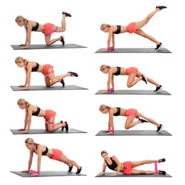 Athletic woman doing different exercises with elastic resistance band on white background, set of photos