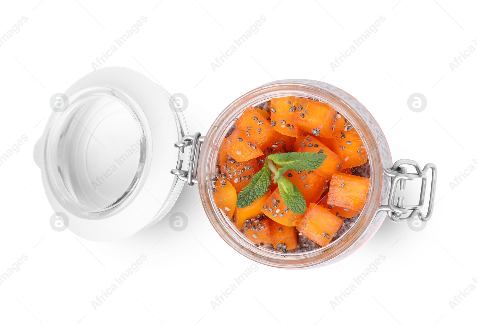Photo of Delicious dessert with persimmon and chia seeds isolated on white, top view