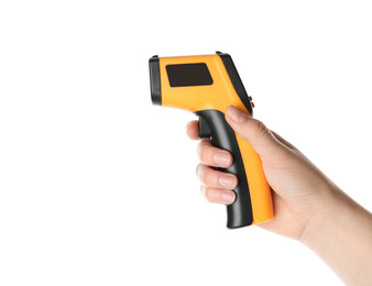 Woman holding non-contact infrared thermometer on white background, closeup