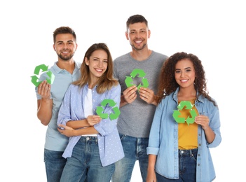 Photo of Group of people with recycling symbols on white background