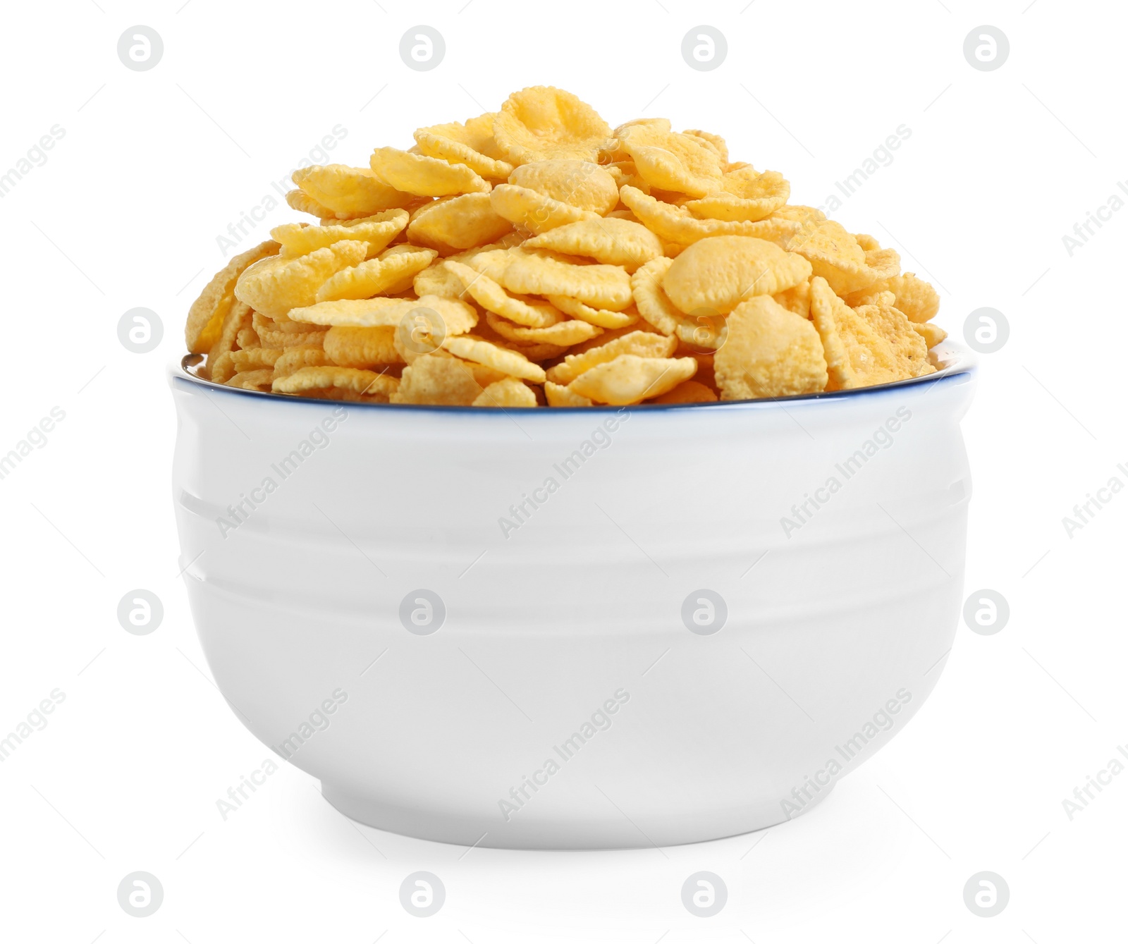 Photo of Bowl of tasty corn flakes isolated on white