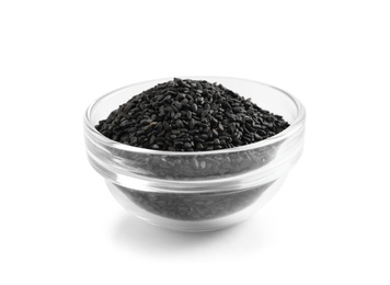 Black sesame seeds in bowl on white background. Delicious sauce condiment