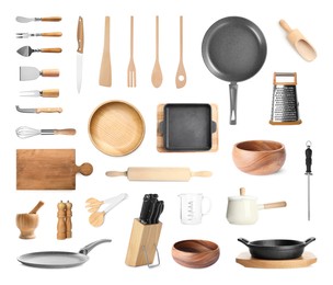 Image of Set with different kitchenware on white background 