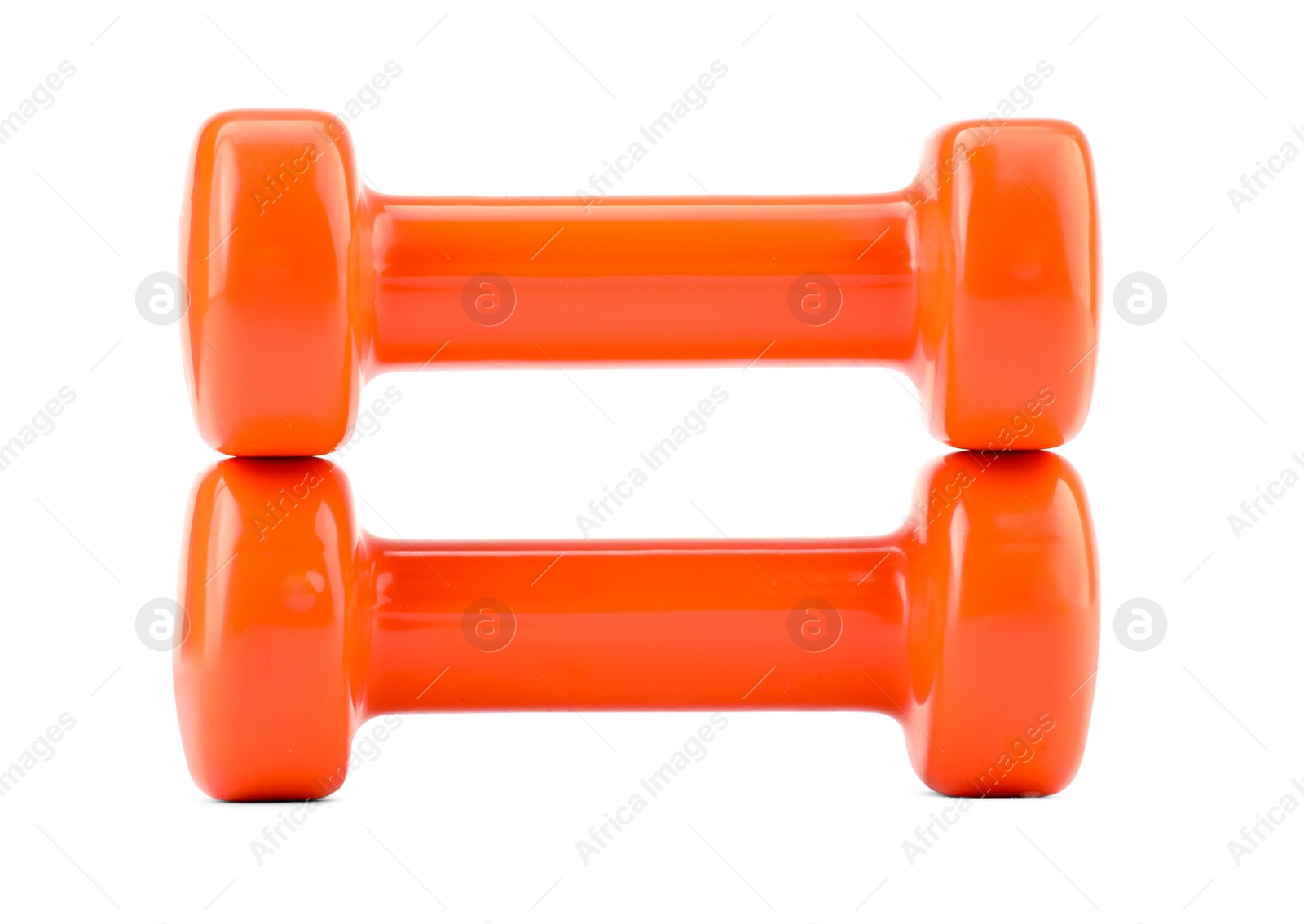 Photo of Orange dumbbells isolated on white. Sports equipment