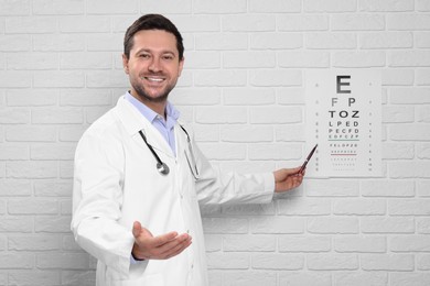 Ophthalmologist pointing at vision test chart on white brick wall