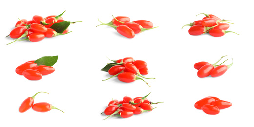 Set of fresh goji berries on white background. Banner design