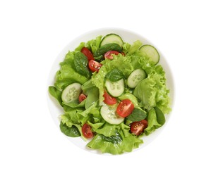 Photo of Delicious salad in bowl isolated on white, top view