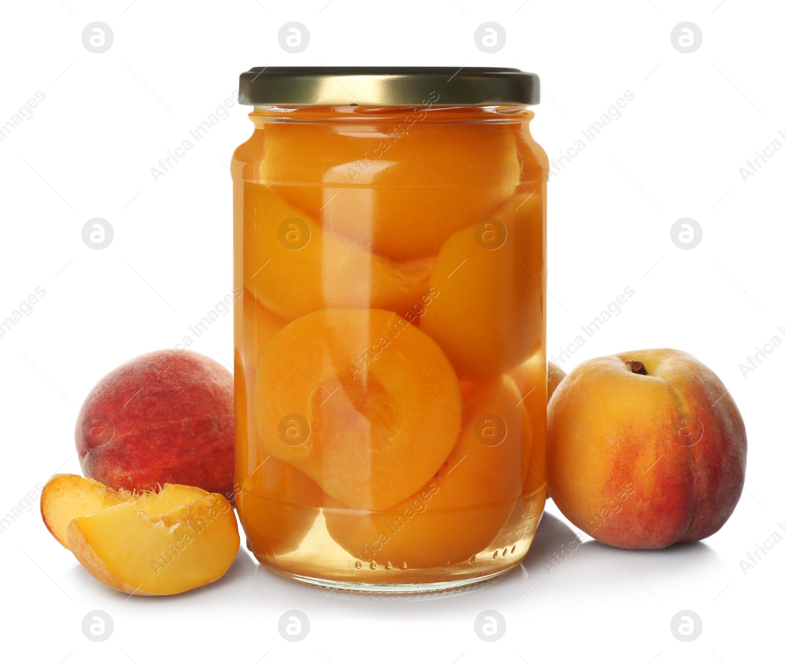 Photo of Jar of pickled apricots and fresh fruits on white background