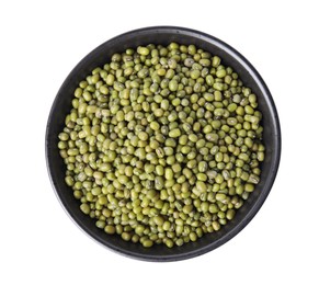 Bowl with green mung beans isolated on white, top view. Organic grains