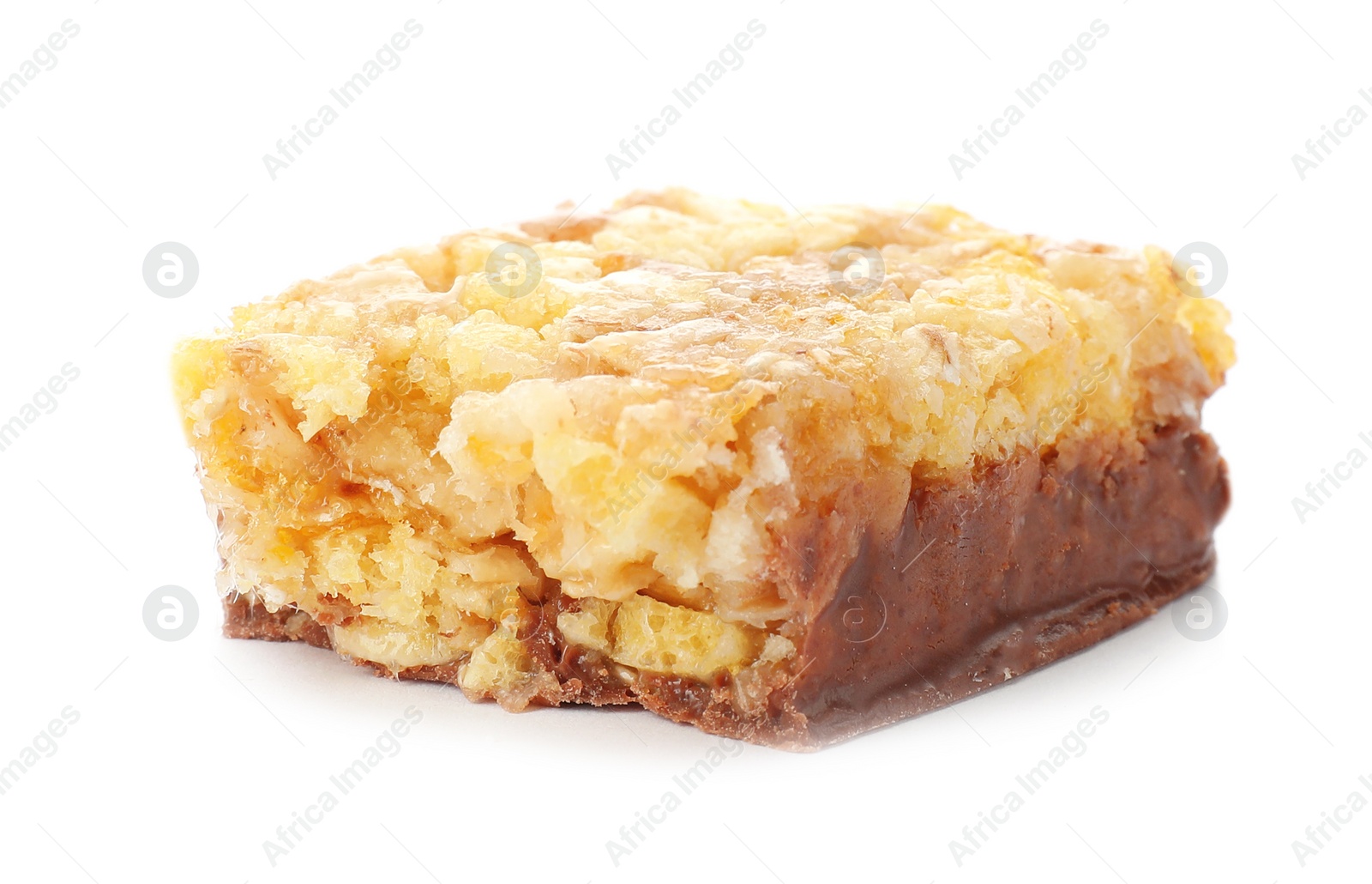 Photo of Piece of tasty protein bar on white background