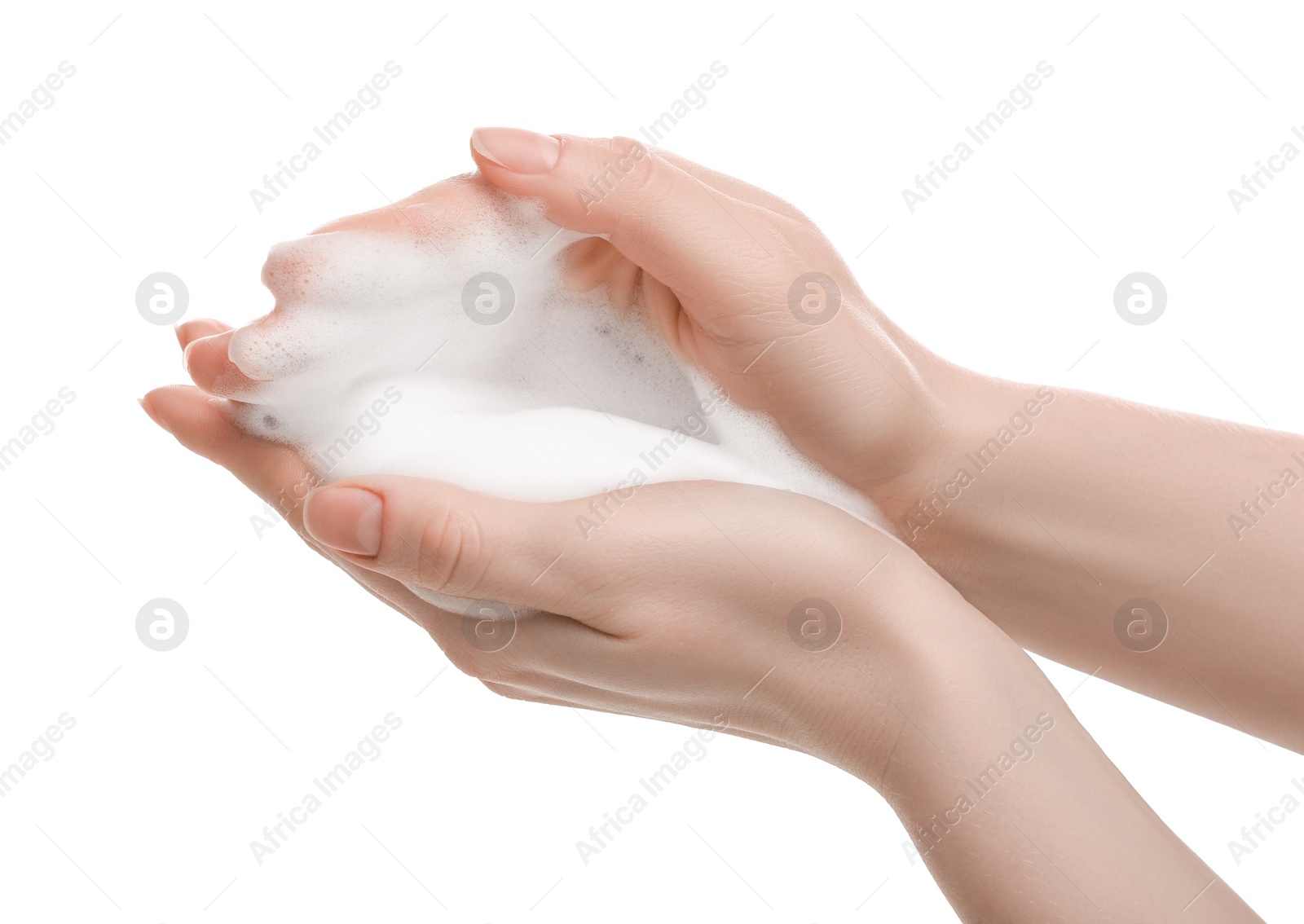 Photo of Woman with bath foam on white background, closeup