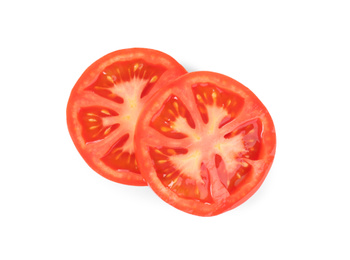 Photo of Slices of tasty raw tomato isolated on white, top view