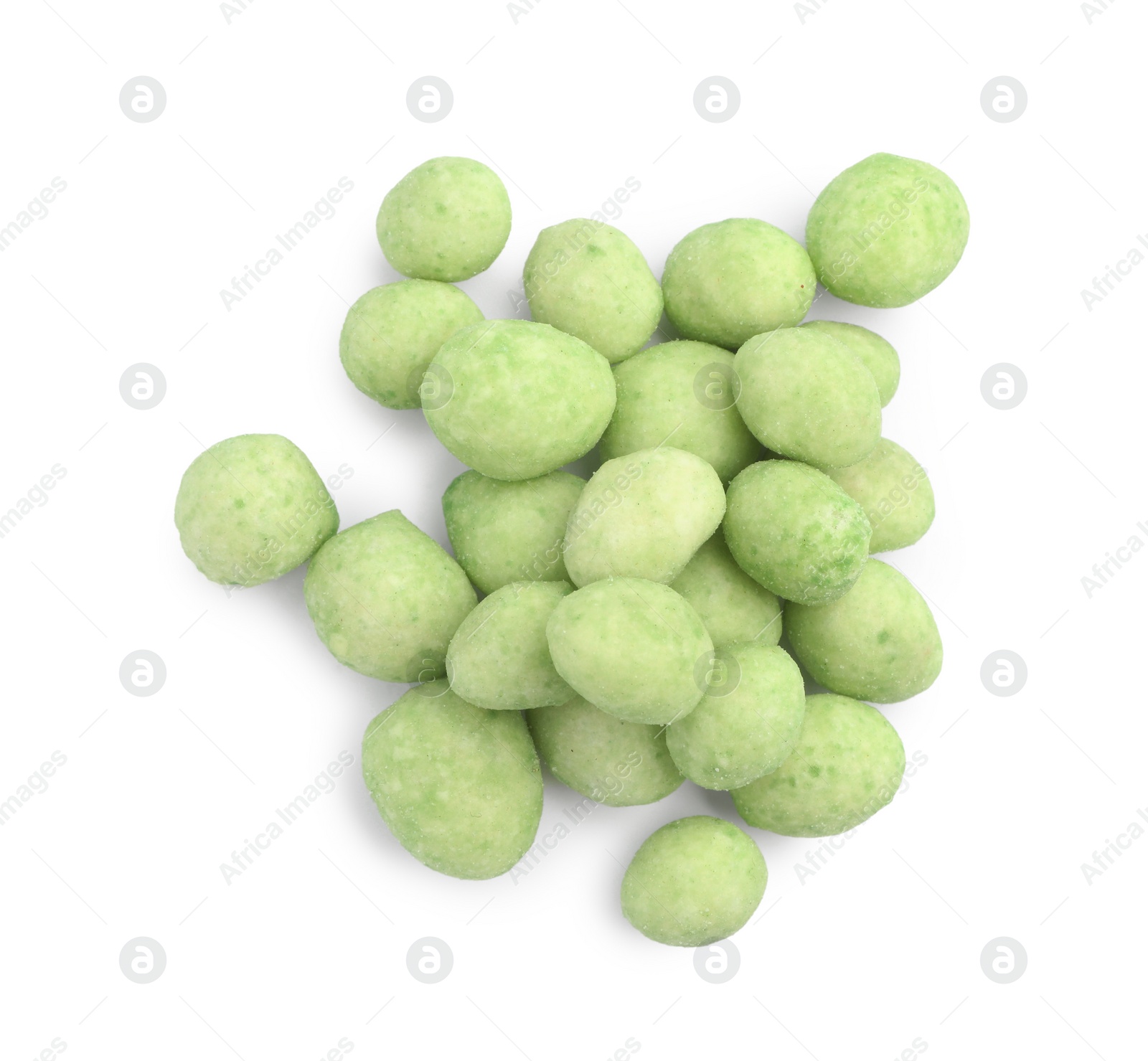 Photo of Pile of wasabi coated peanuts on white background, top view