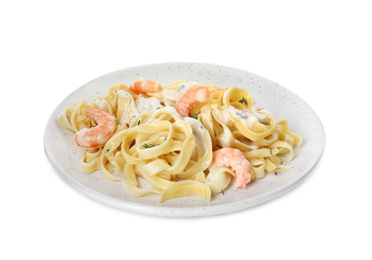 Photo of Delicious pasta with shrimps isolated on white