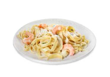 Delicious pasta with shrimps isolated on white