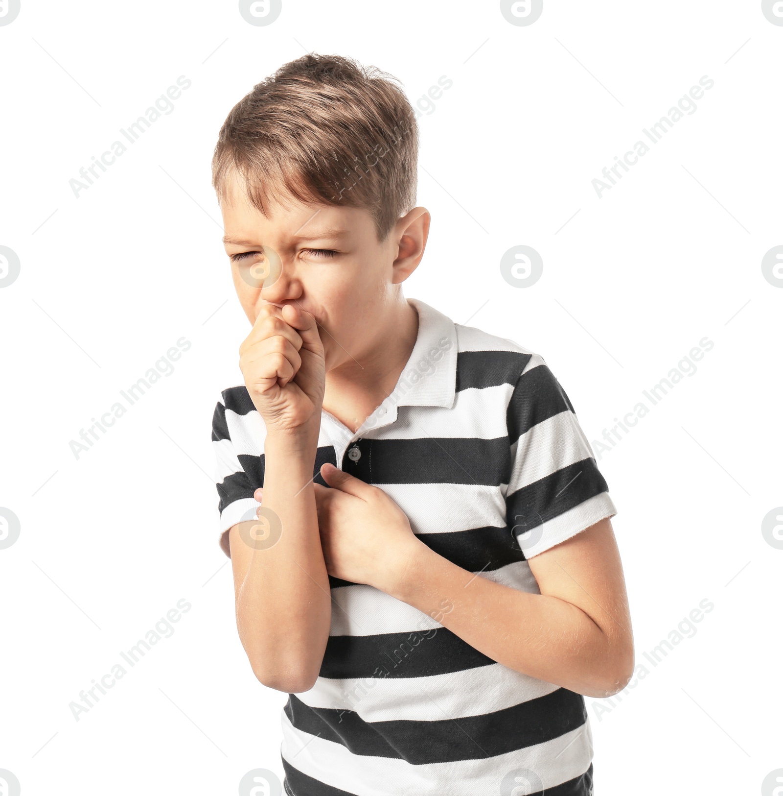 Photo of Little boy coughing on white background