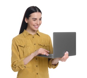 Happy woman using laptop on white background