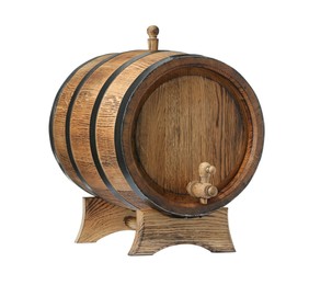 Photo of One wooden barrel with tap on white background