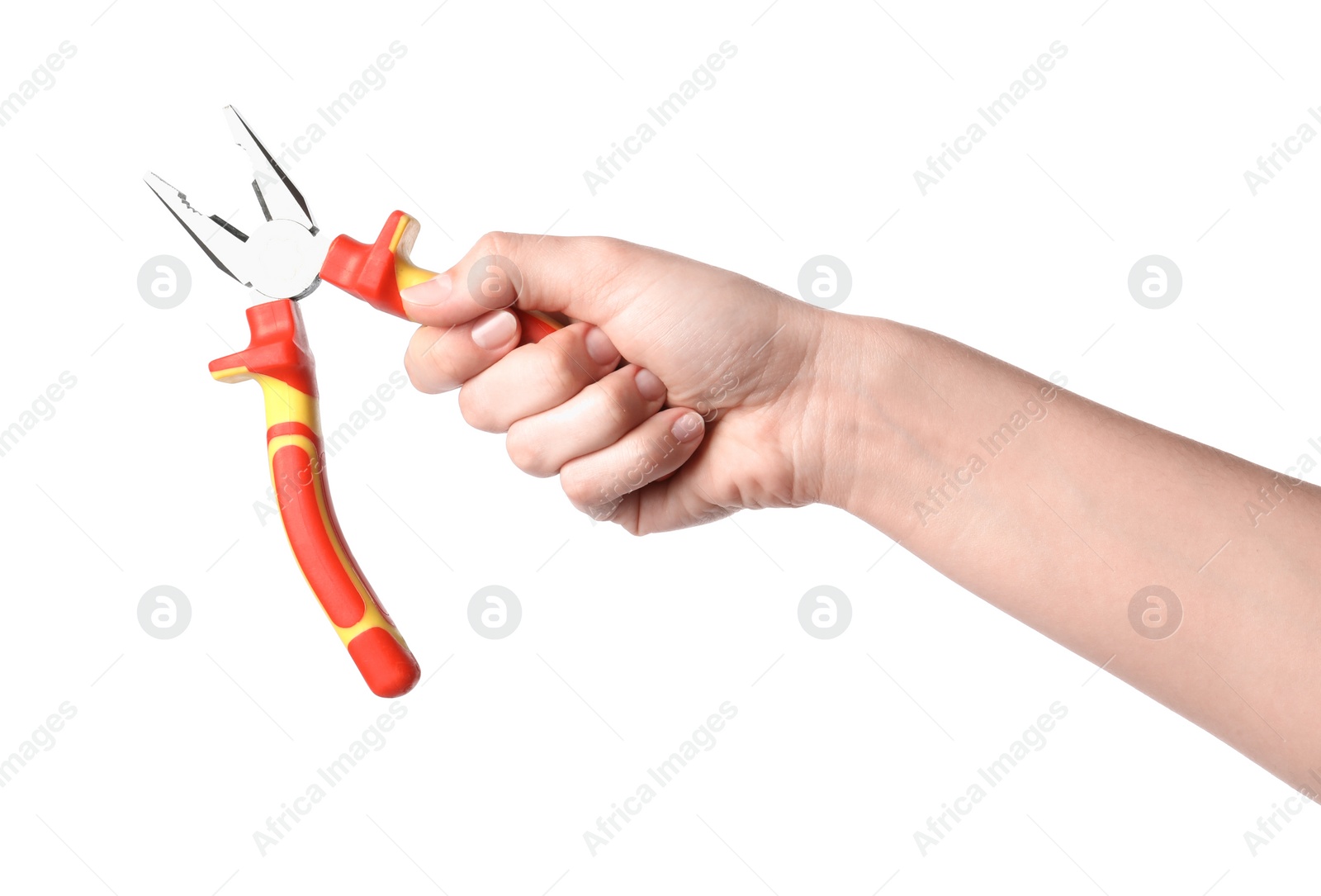 Photo of Woman holding combination pliers isolated on white, closeup