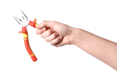 Photo of Woman holding combination pliers isolated on white, closeup