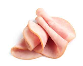 Slices of tasty fresh ham isolated on white