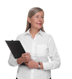 Portrait of beautiful woman with clipboard on white background. Lawyer, businesswoman, accountant or manager