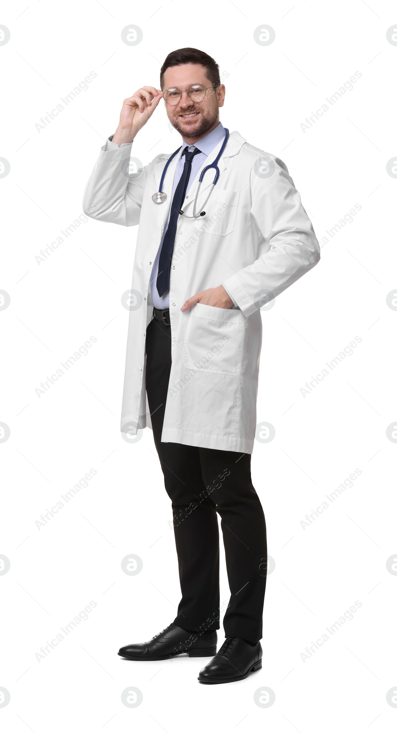 Photo of Full length portrait of smiling doctor isolated on white