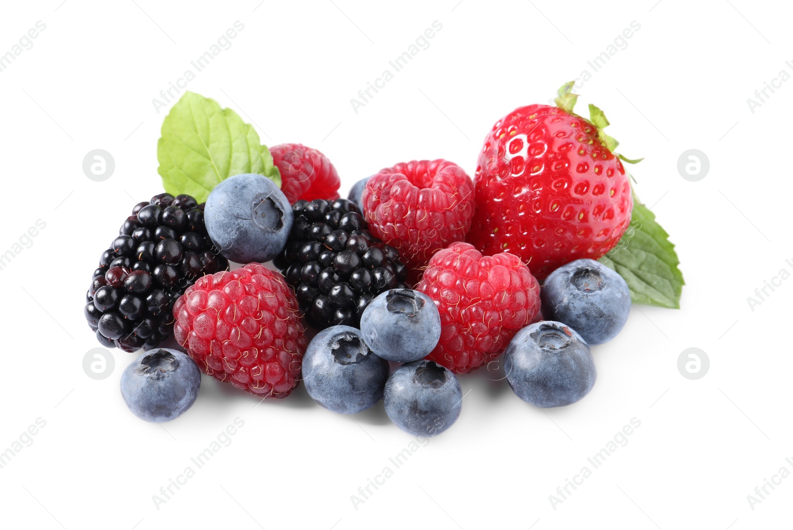 Photo of Many different ripe berries and mint leaves isolated on white