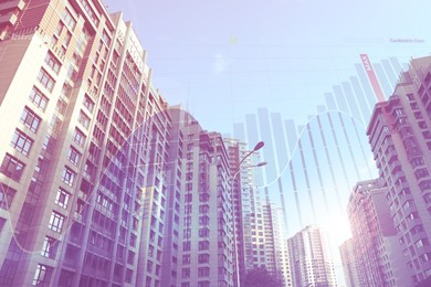 Image of Double exposure of online trading platform and buildings in city center. Stock exchange 