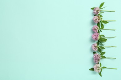 Beautiful clover flowers on turquoise background, flat lay. Space for text