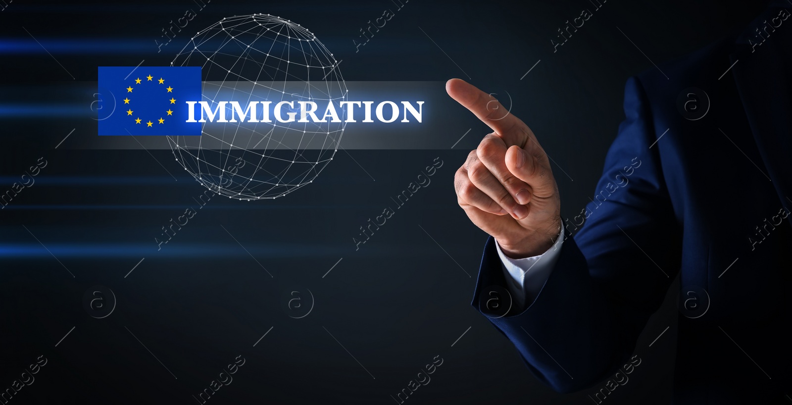 Image of Immigration. Businessman touching digital screen with globe, word and flag of Europe on black background, closeup