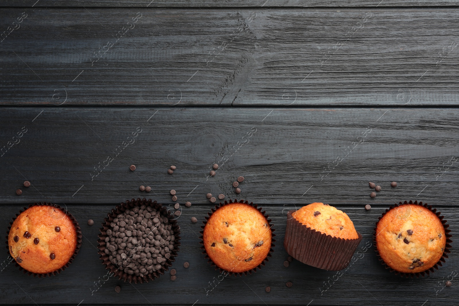 Photo of Delicious freshly baked muffins with chocolate chips on dark gray table, flat lay. Space for text