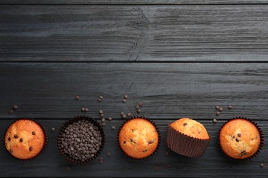 Delicious freshly baked muffins with chocolate chips on dark gray table, flat lay. Space for text