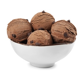 Photo of Bowl of tasty ice cream with chocolate chips isolated on white
