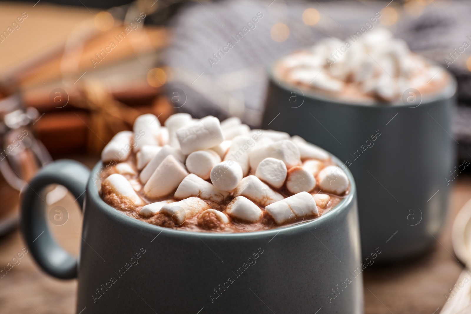 Photo of Cup of delicious hot cocoa with marshmallows, closeup