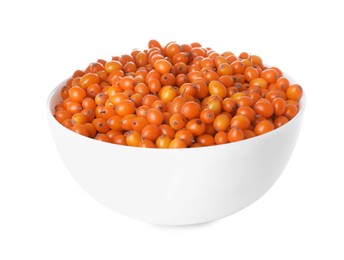 Photo of Fresh ripe sea buckthorn berries in bowl isolated on white