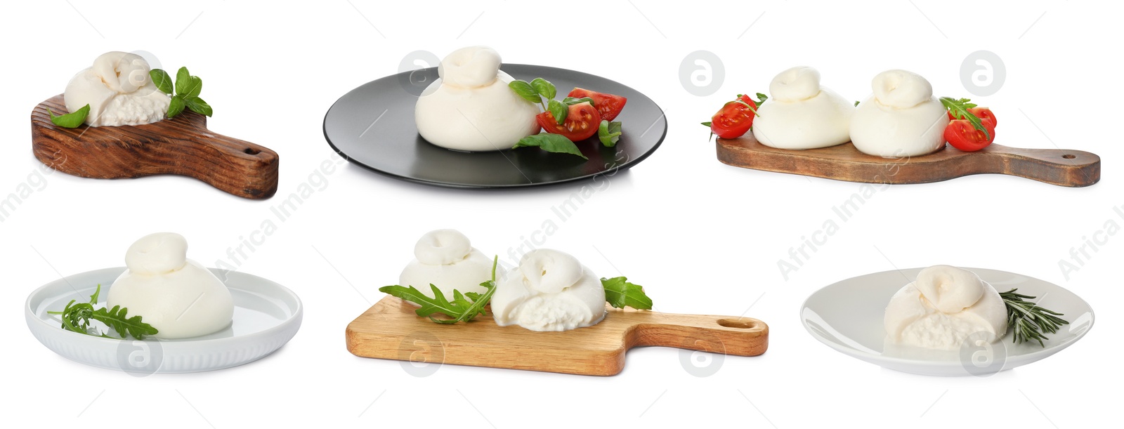 Image of Set with fresh delicious burrata cheese on white background. Banner design