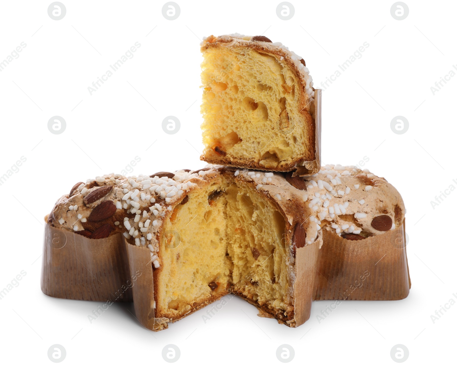 Photo of Delicious Italian Easter dove cake (traditional Colomba di Pasqua) on white background