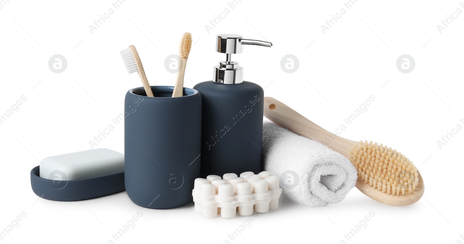 Photo of Bath accessories. Set of different personal care products isolated on white