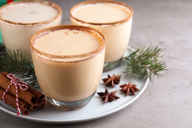 Delicious Christmas liqueur and ingredients on tray, closeup view