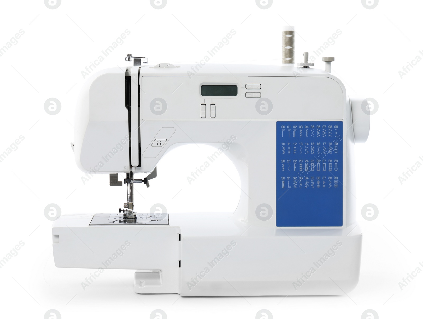 Photo of One modern sewing machine isolated on white