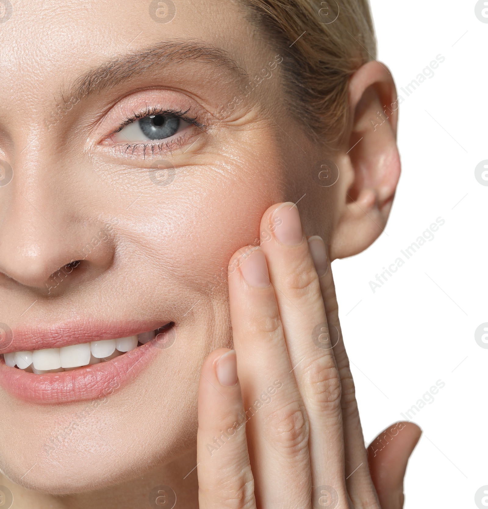 Photo of Beautiful woman with healthy skin on white background, closeup